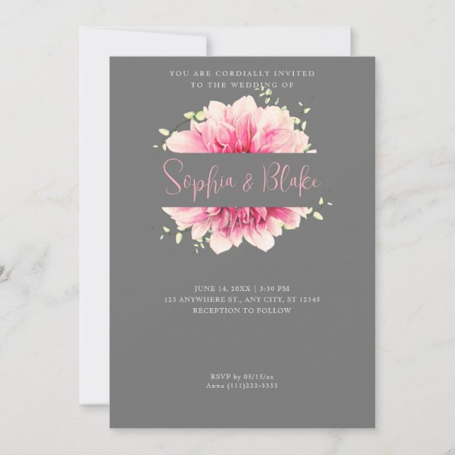 Invitation Moderne simple rose Floral encadré Mariage gris (Devant)