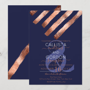 Invitation Moderne Simple Rose Gold Navy Brushstrokies Mariag
