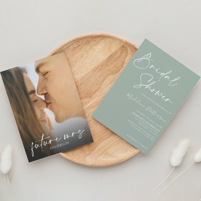 Invitation Moderne Simple Sage Green avec Fête des mariées ph (Créateur téléchargé)