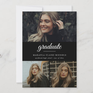 Invitation Moderne Simple Script Noir Trois Photo Graduation
