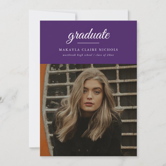Invitation Moderne Simple Script Purple Photo Graduation (Devant)
