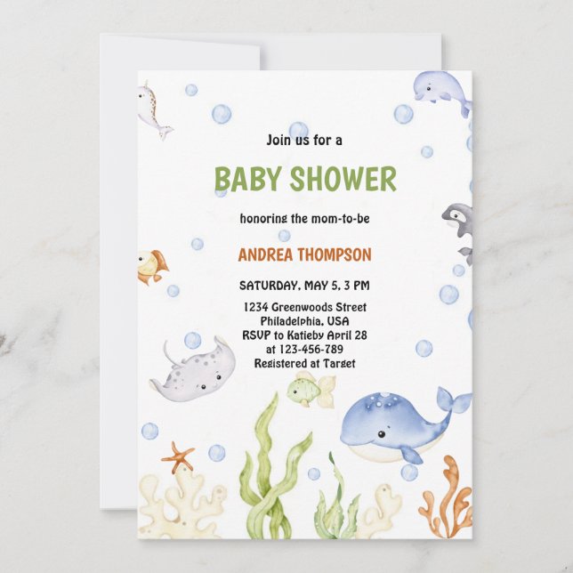 Invitation Moderne sous la mer baby shower neutre de genre (Devant)