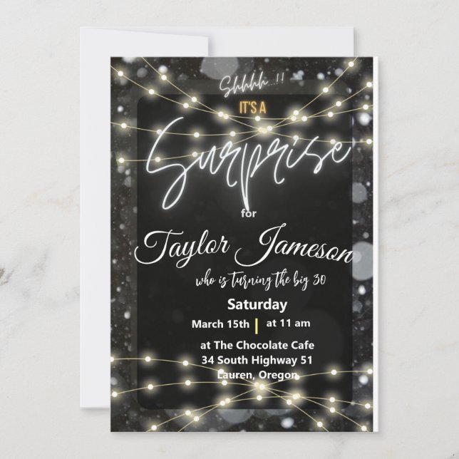 Invitation moderne surprise noir & blanc avec QR r (Devant)