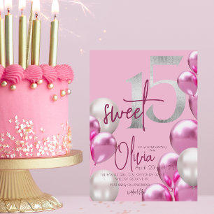 Invitation Moderne Sweet 15 Ballons d'argent rose Anniversair