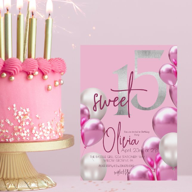 Invitation Moderne Sweet 15 Ballons d'argent rose Anniversair (Créateur téléchargé)