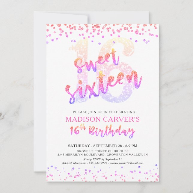 Invitation Moderne Sweet 16 Anniversaire rose violet Parties  (Devant)