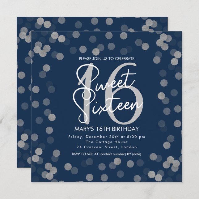 Invitation MODERNE Sweet 16 Anniversaire Silver Chic Parties  (Devant / Derrière)