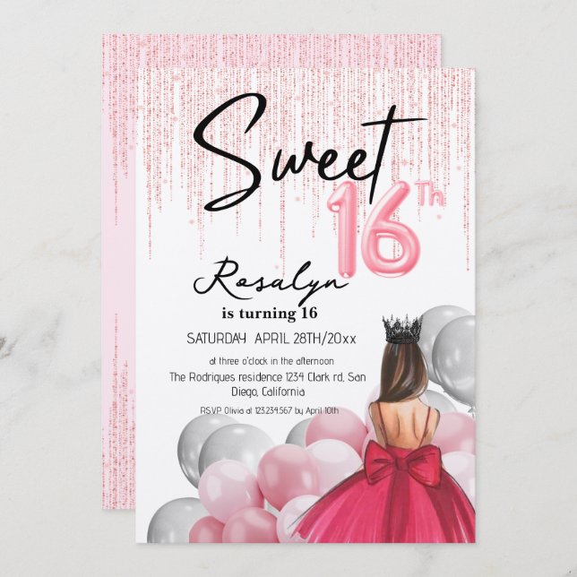 Invitation Moderne Sweet 16 Glam Princess Balloons Anniversai (Devant / Derrière)