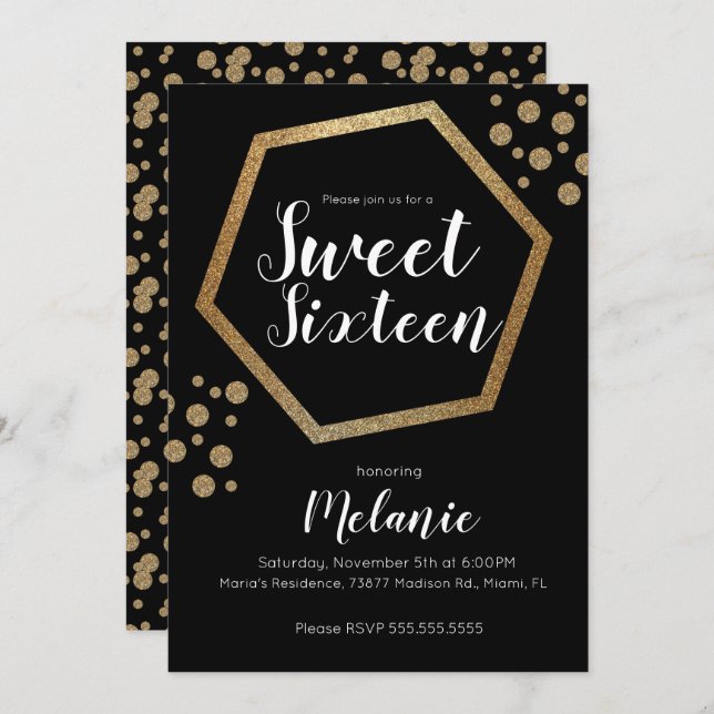 Invitation Moderne Sweet 16 Parties scintillant Faux Gold Bar (Devant / Derrière)