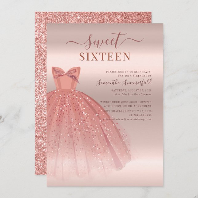 Invitation Moderne Sweet 16 Parties scintillant Script Rose O (Devant / Derrière)