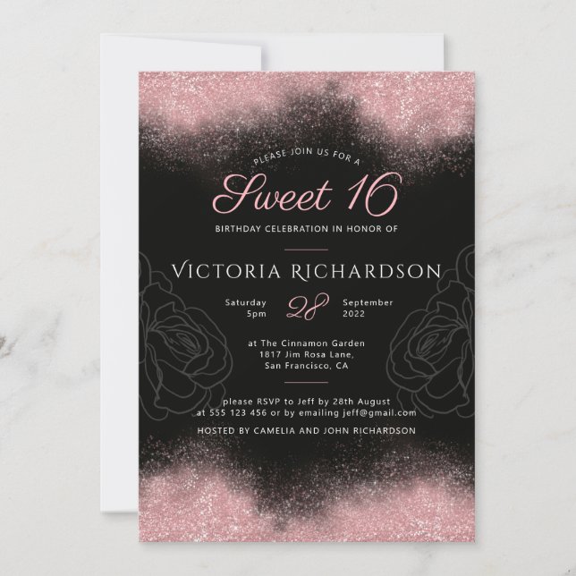 Invitation Moderne Sweet 16 Rose Pailleté Brillance Élégant C (Devant)