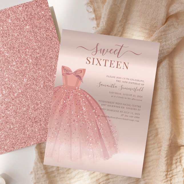 Invitation Moderne Sweet 16 Script Anniversaire (Sweet 16 Rose Gold Glitter Dress Birthday Party Invitation)