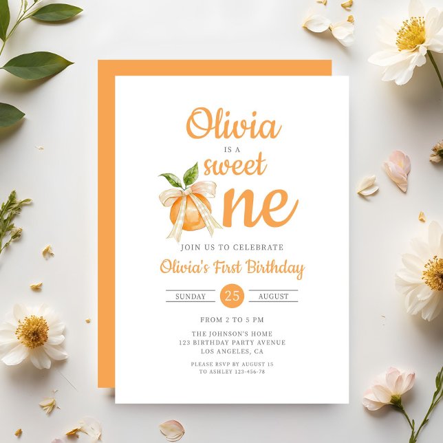 Invitation Moderne Sweet One Orange Citrus Girl 1er anniversa (Modern Sweet One Orange Citrus Girl 1st Birthday Invitation)
