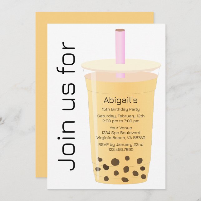 Invitation Moderne tendance Blanc et Mango Boba Tea Anniversa (Devant / Derrière)