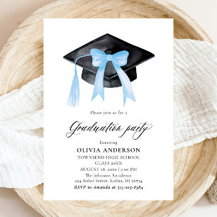 Invitation Moderne tendance Bleu Bow Graduation Cap Graduatio