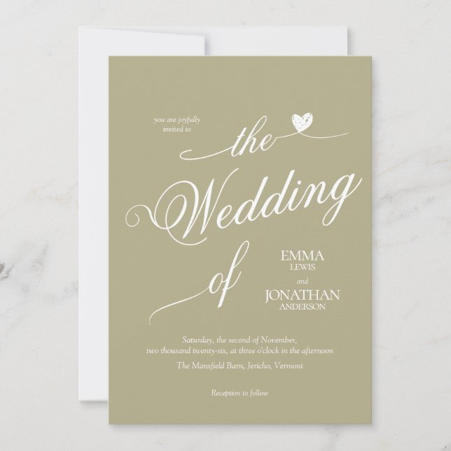 Invitation Moderne tendance Sage vert Coeur Mariage (Devant)