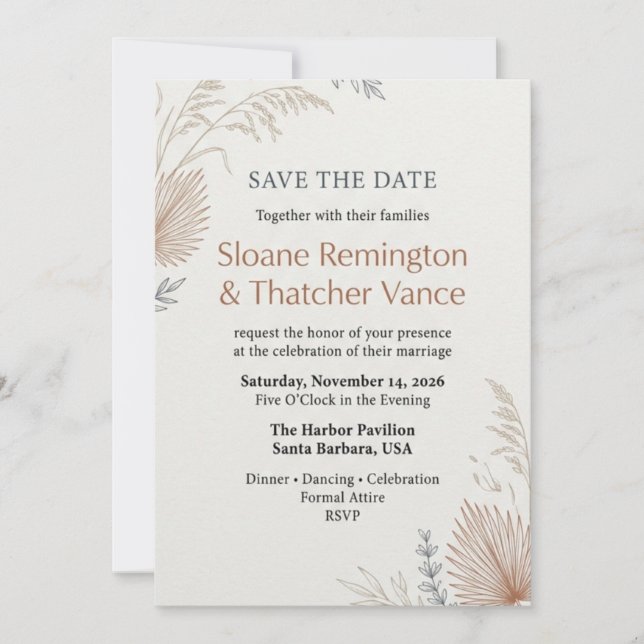 Invitation Moderne Terre Cuite et Herbe de Pampa Séchée Boho  (Devant)