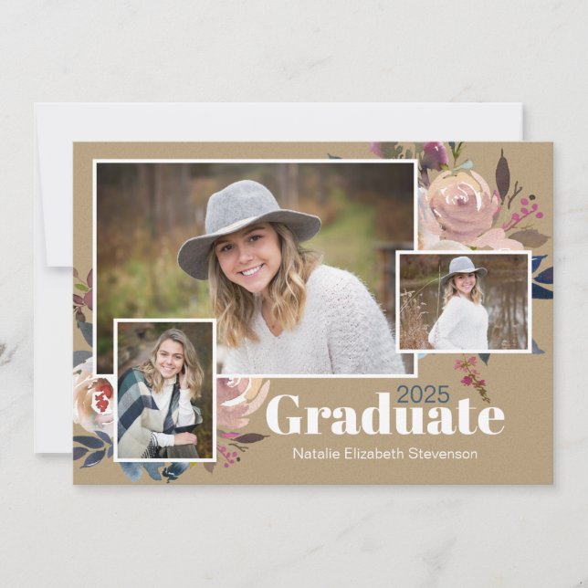 Invitation Moderne Trois Photo Watercolor Graduation Party (Devant)