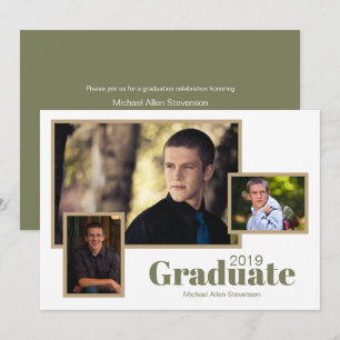Invitation Moderne Trois Photo White Green Graduation Party