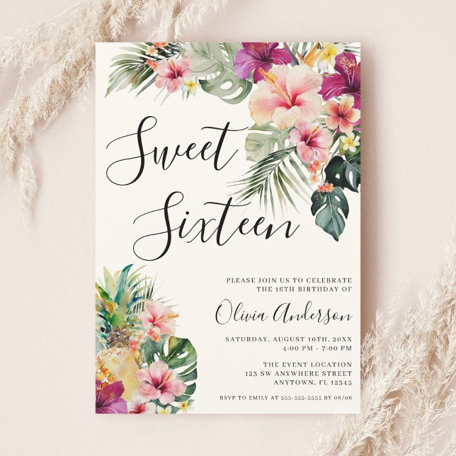 Invitation Moderne Tropical Floral Sweet 16 Beige (Créateur téléchargé)