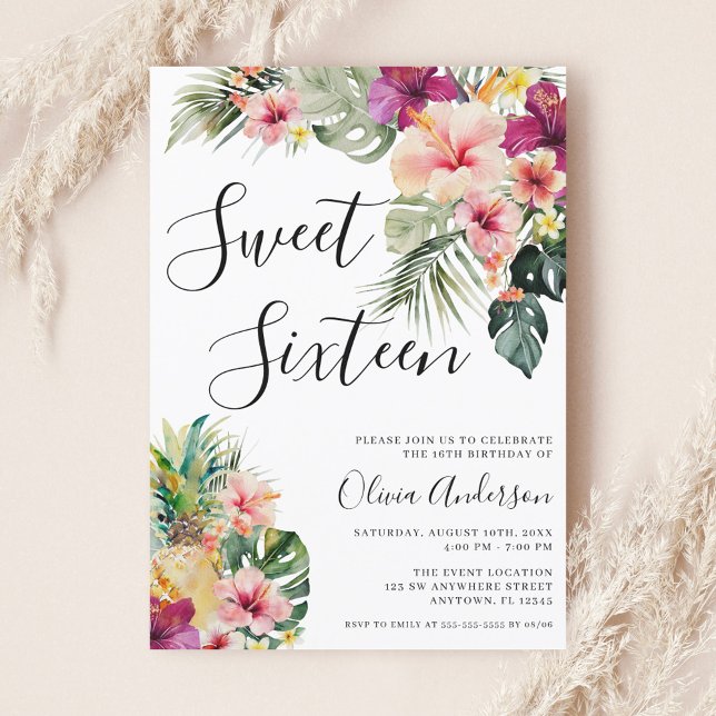 Invitation Moderne Tropical Floral Sweet 16 Blanc (Créateur téléchargé)