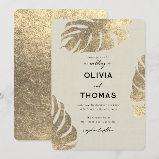 Invitation Moderne Tropical Gold Elegant Foliage Chic Mariage (Devant / Derrière)