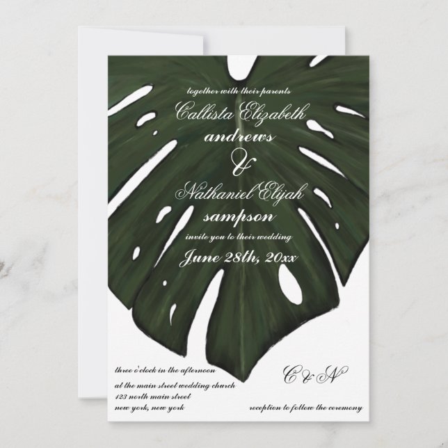 Invitation Moderne Tropical Green Monstera Mariage feuille (Devant)