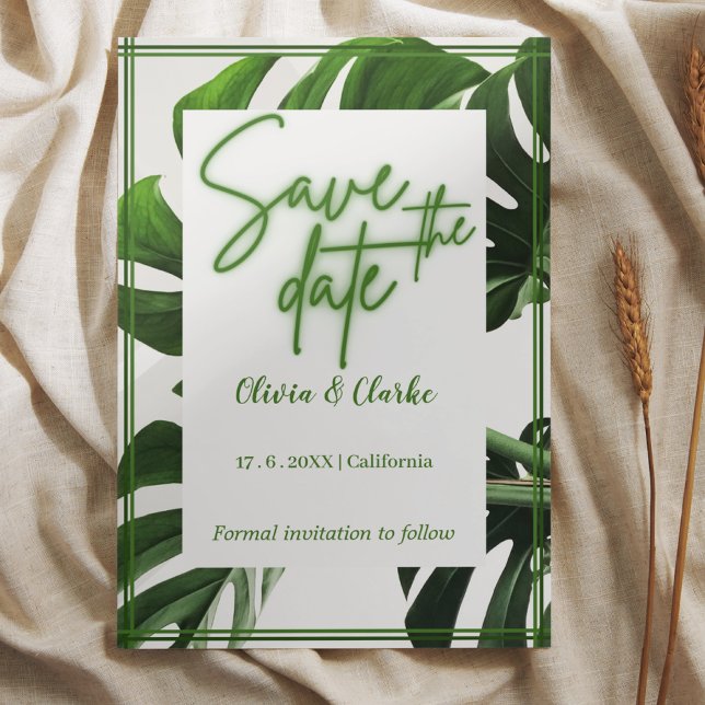 Invitation Moderne Tropical "Save the Date" Vert Néon et Blan (Créateur téléchargé)
