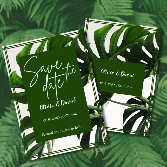 Invitation Moderne Tropical Vert et Blanc Date de Sauvegarde (Créateur téléchargé)