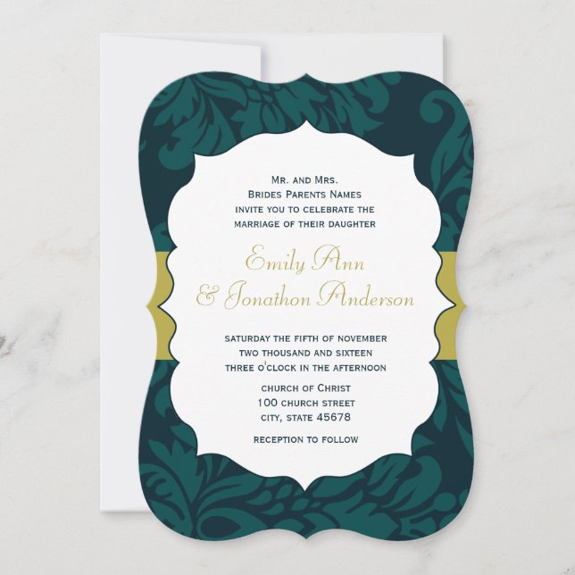 Invitation Moderne Turquoise Aqua et Lime Mariage damassé Inv (Devant)