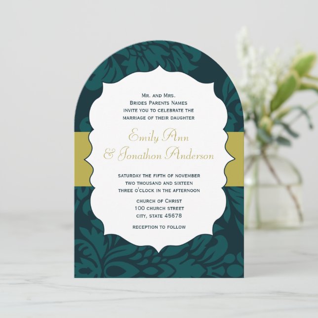 Invitation Moderne Turquoise Aqua et Lime Mariage damassé Inv (Debout devant)
