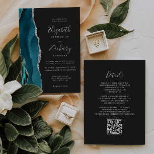 Invitation Moderne Turquoise Argent Agate Dark QR Code Mariag