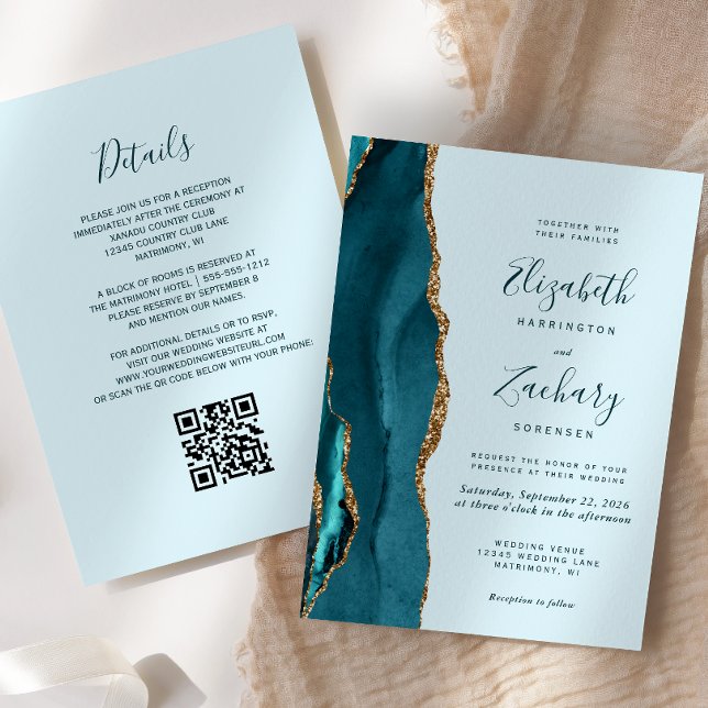 Invitation Moderne Turquoise Blue Gold Agate QR Code Mariage (Créateur téléchargé)