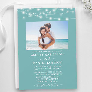 Invitation Moderne Turquoise Blue String Lights Mariage photo