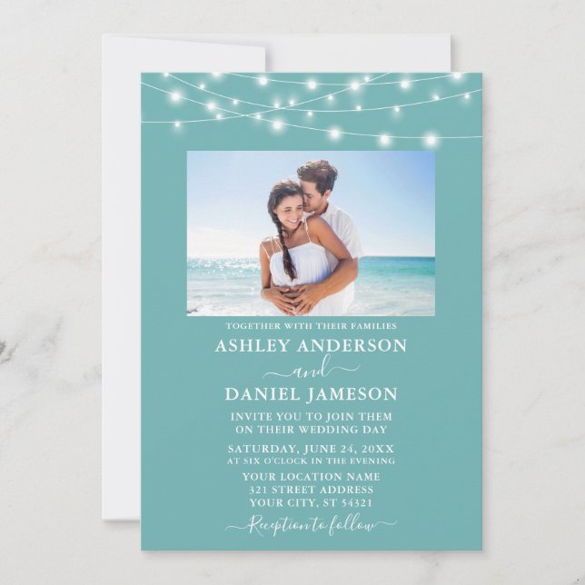 Invitation Moderne Turquoise Blue String Lights Mariage photo (Devant)