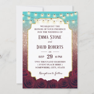 Invitation Moderne Turquoise Bourgogne Rose Gold Ombre Mariag