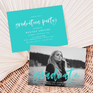 Invitation Moderne Turquoise Brush Script Graduation Party