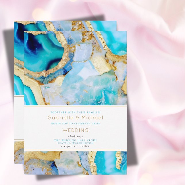 Invitation Moderne Turquoise et Gold Agate Mariage tendance (Créateur téléchargé)
