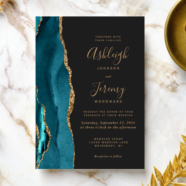 Invitation Moderne Turquoise Or Agate Mariage foncé (Créateur téléchargé)
