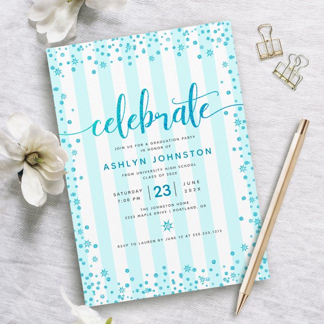 Invitation Moderne turquoise pailleté écriture rayée pour la  (Créateur téléchargé)