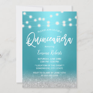 Invitation Moderne Turquoise & Parties scintillant Argent Qui