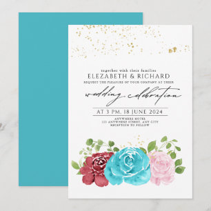 Invitation Moderne Turquoise Rouge Floral Mariage