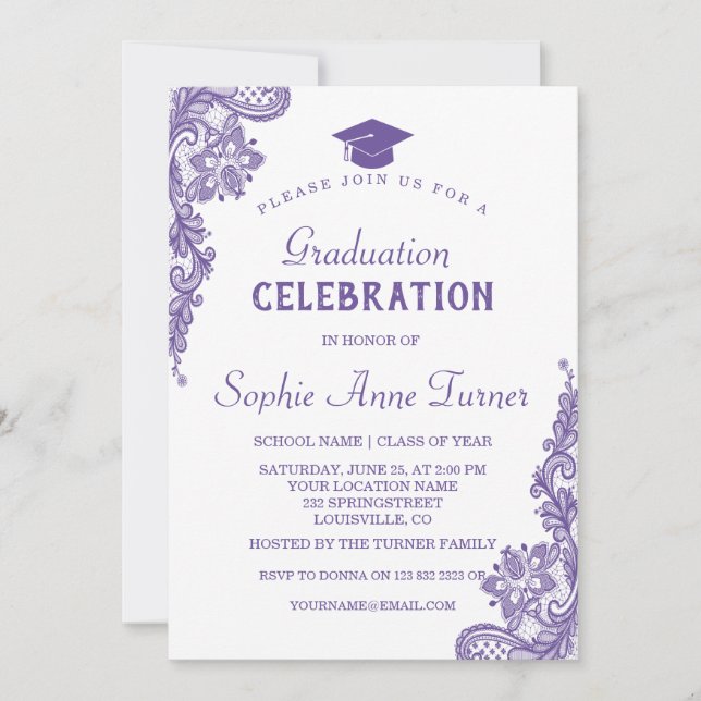 Invitation Moderne Ultra Violet Dentelle Partie de graduation (Devant)