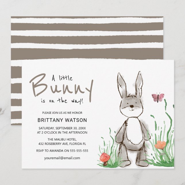 Invitation Moderne Un Petit Lapin Est En Chemin baby shower (Devant / Derrière)