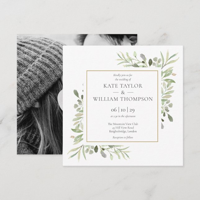 Invitation Moderne verdure photo de mariage botanique (Devant / Derrière)