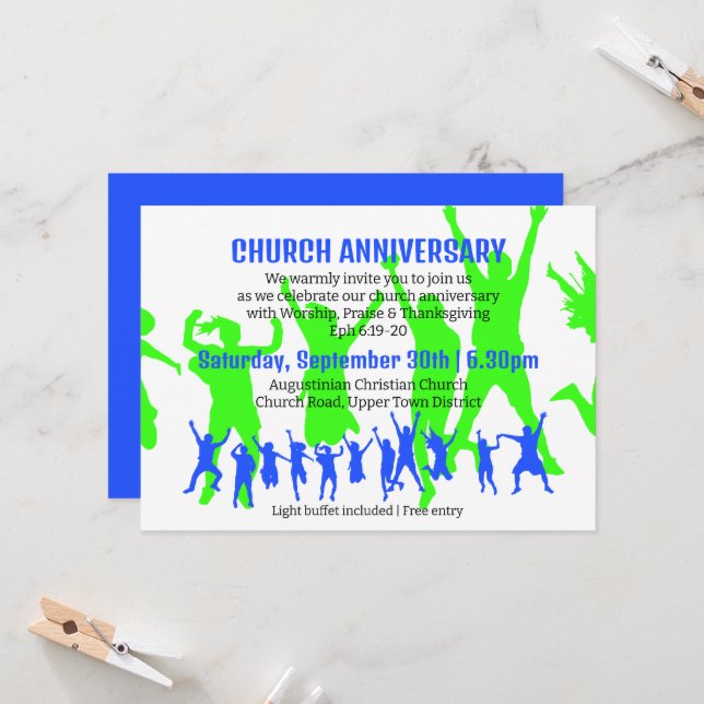 Invitation Moderne Vert Bleu ANNIVERSAIRE DE L'ÉGLISE (Devant/Arrière en situation)