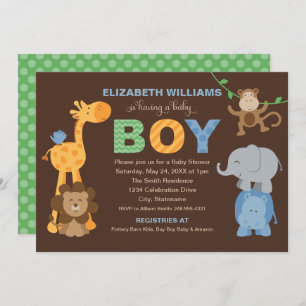 Invitation Moderne Vert Brown Jungle Animaux Baby shower Garç
