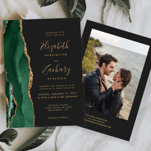 Invitation Moderne Vert Émeraude Or Agate Photo Mariage Sombr