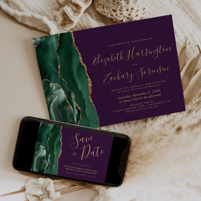 Invitation Moderne Vert Émeraude Or Agate Violet Mariage (Créateur téléchargé)