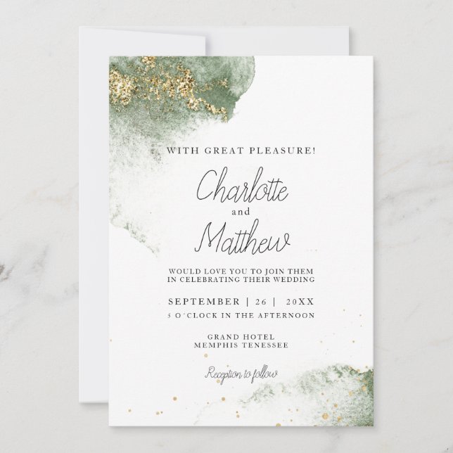 Invitation Moderne Vert Or (Imitation) Taches d'aquarelle (Devant)